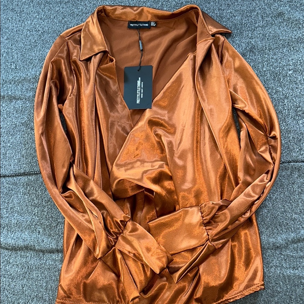PrettyLittleThing Copper Satin Wrap Blouse